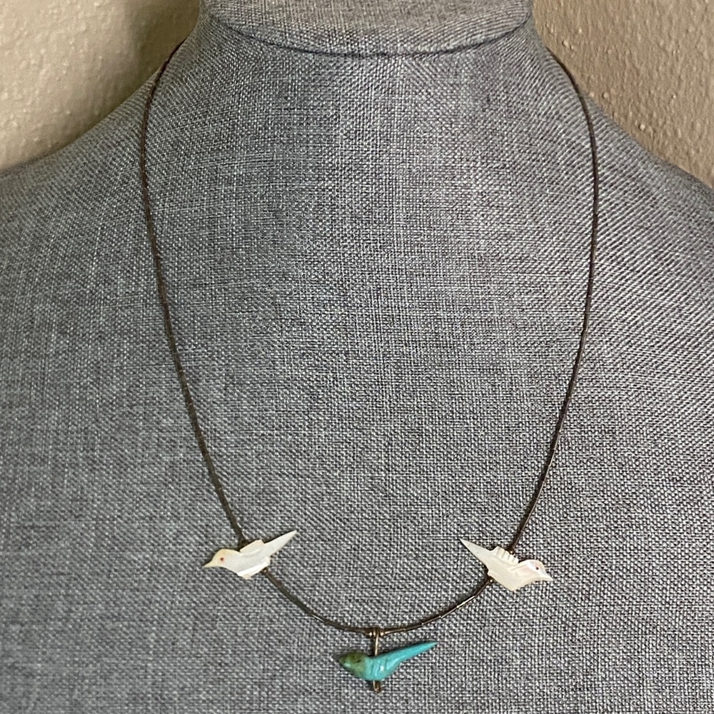Vintage Zuni Fetish Necklace Turquoise & Shell Birds | 21” Southwestern